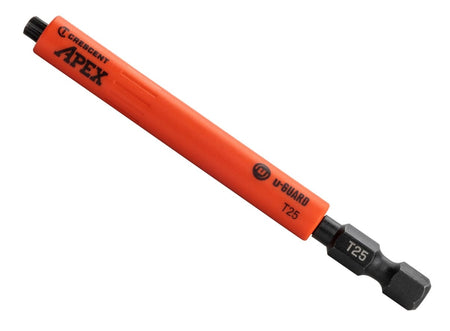 A perspective view of the Crescent 3-1/2 inch T25 Torx impact driver bit featuring a specialized orange u-GUARD non-marring protective sleeve and high-strength S2 steel construction for professional fastening applications.