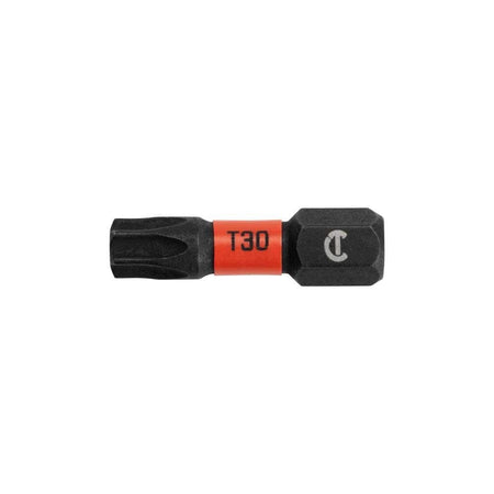 Side profile view of the Crescent APEX T30 impact insert bit showing the black oxide finish, red identification band, and Crescent logo.