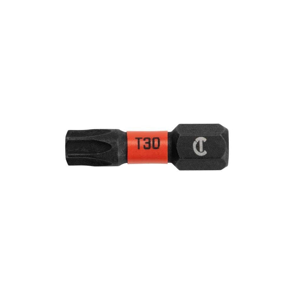 Side profile view of the Crescent APEX T30 impact insert bit showing the black oxide finish, red identification band, and Crescent logo.