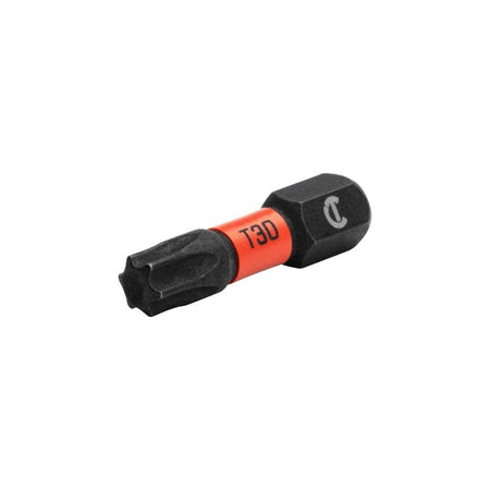 Angled studio shot of the T30 Torx insert bit highlighting the star-shaped tip, red size band, and 1/4 inch hex shank.