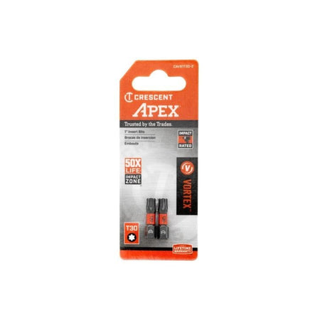 Front view of the retail packaging for Crescent APEX 1-inch insert bits featuring the Vortex logo, T30 size rating, and impact rated badge.