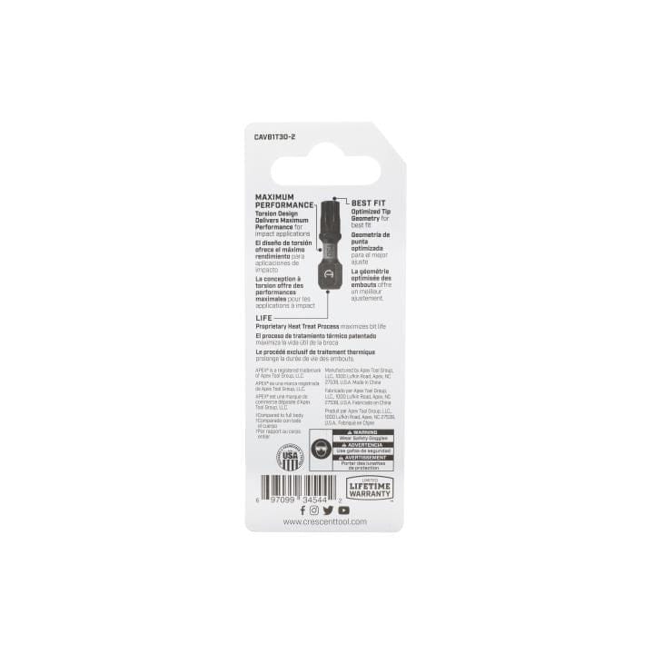 Rear view of the packaging card detailing the maximum performance torsion design, best fit tip geometry, and heat treat process.