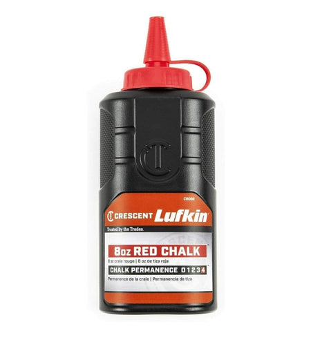 A studio shot of the Crescent Lufkin 8 oz red chalk refill bottle, model CB08R, showing its black body, red easy-fill nozzle, and front label.