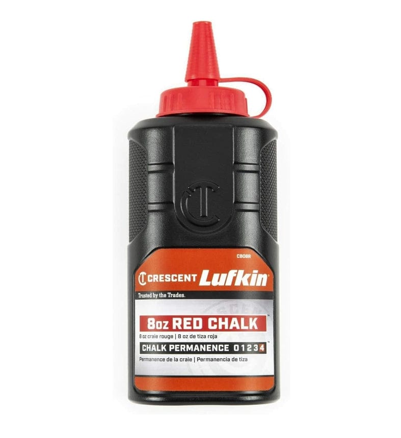 A studio shot of the Crescent Lufkin 8 oz red chalk refill bottle, model CB08R, showing its black body, red easy-fill nozzle, and front label.