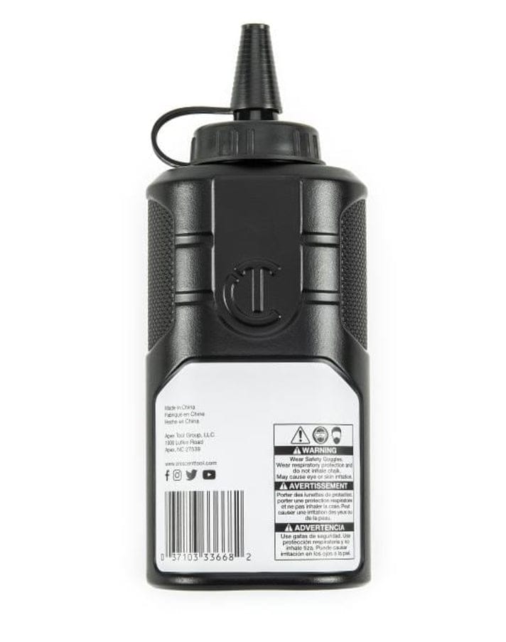 The back of the Crescent Lufkin 8 oz chalk refill bottle, showing the UPC barcode and the trilingual warning and safety information label.