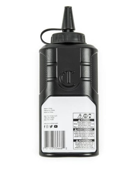 The back of the Crescent Lufkin 8 oz chalk refill bottle, showing the UPC barcode and the trilingual warning and safety information label.