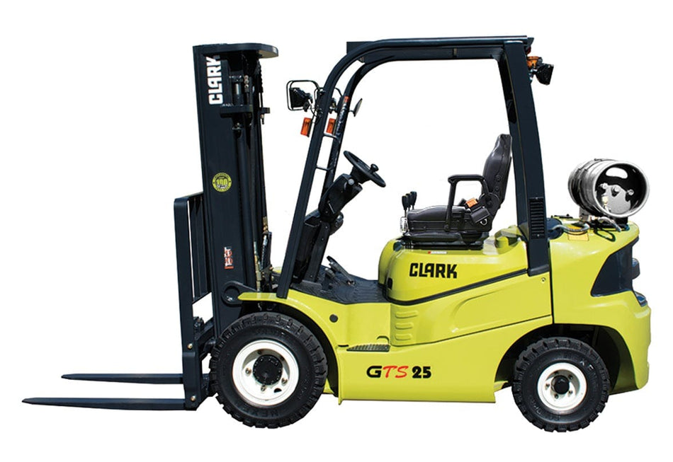 CLARK GTS25 forklift with LPG tank mounted at the rear, dual front lifting forks, overhead guard, and rugged tires, designed for industrial material handling in warehouse or outdoor settings.
