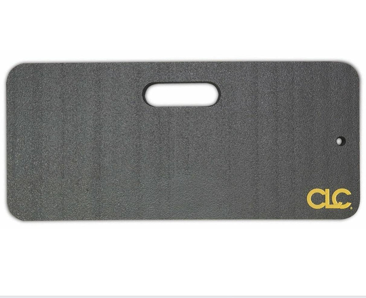 Top-down view of the black CLC small kneeling pad (8x18 inches), showing the carry slot and the CLC logo in the bottom right corner.
