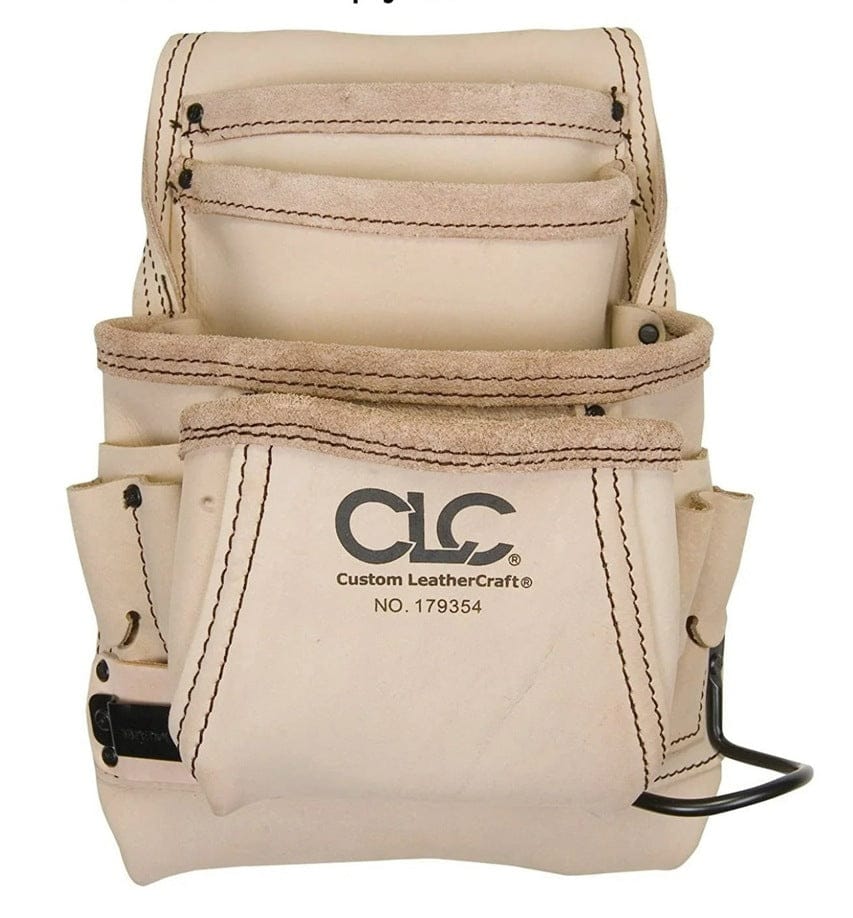 Front view of CLC 179354 leather carpenter tool pouch with multiple compartments, metal hammer loop, and printed branding for identification