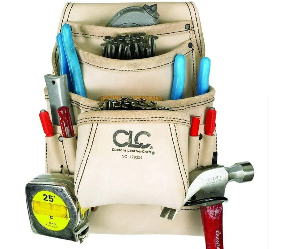 CLC 179354 leather carpenter tool pouch filled with assorted tools including hammer, tape measure, screwdrivers, utility knives, and fasteners.
