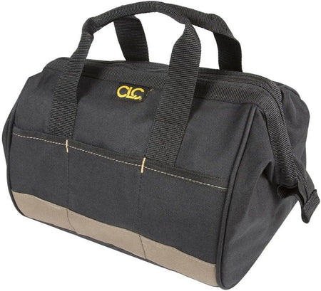 Black and tan CLC tool tote bag with zippered top, external pockets, and padded handles for portable tool storage.