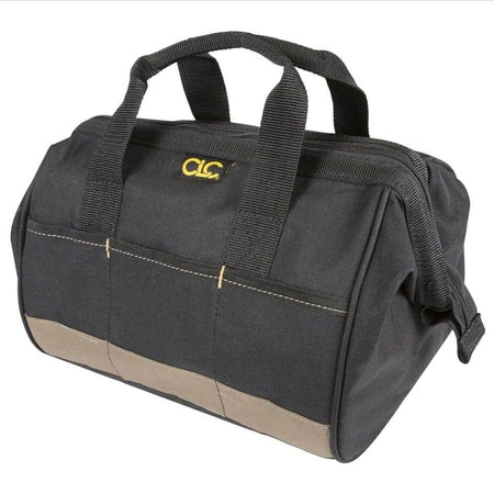 Black and tan CLC tool tote bag with zippered top, external pockets, and padded handles for portable tool storage.