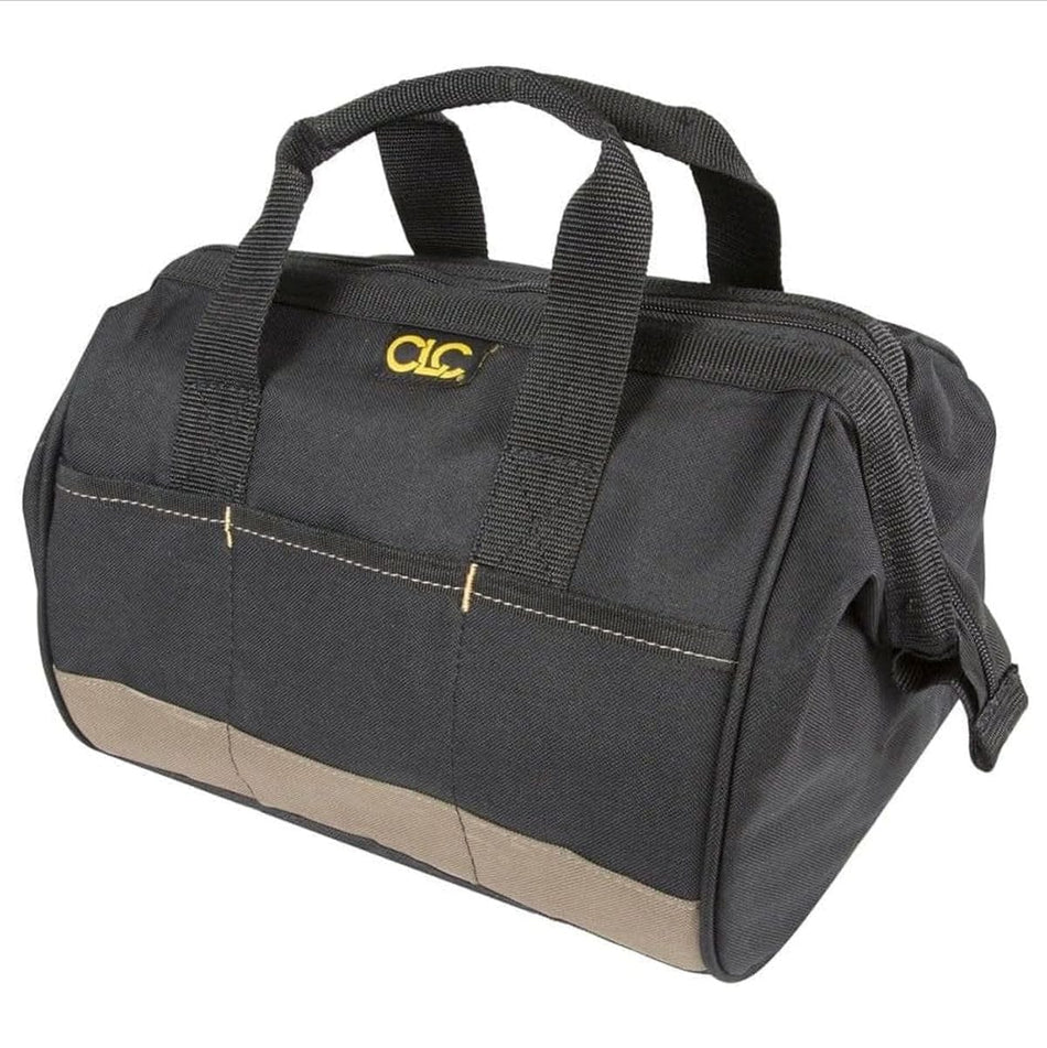 Black and tan CLC tool tote bag with zippered top, external pockets, and padded handles for portable tool storage.