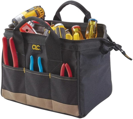 CLC tool tote bag filled with assorted hand tools including pliers, screwdrivers, and a cordless drill; organized for jobsite use.