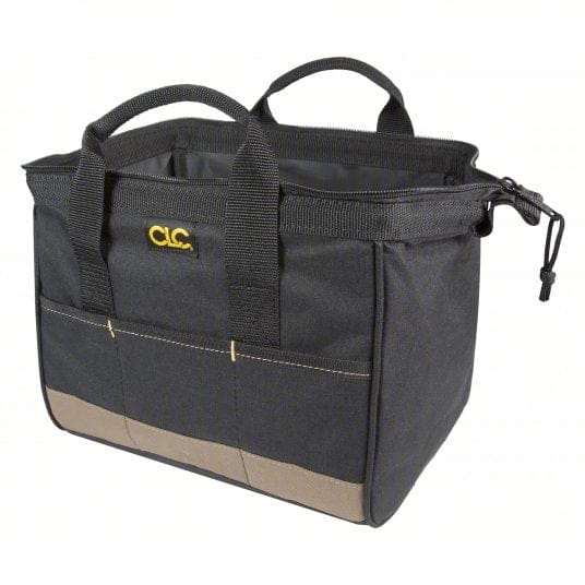 CLC-branded black tool tote bag with zippered top, three front pockets, reinforced stitching, and dual carrying handles.