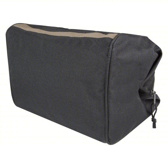 Black rectangular CLC tool tote bag with zipper closure and tan accent; made of durable fabric for everyday use.
