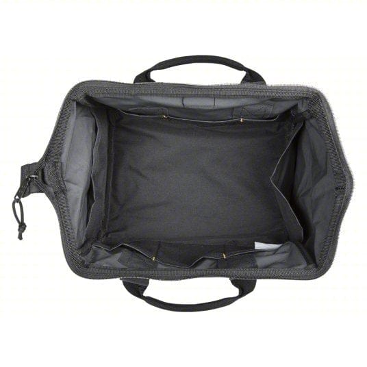 Top-down view of open CLC BigMouth tool tote bag with yellow interior and multiple inner compartments for organized storage.