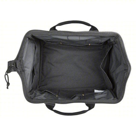 Top-down view of open CLC BigMouth tool tote bag with yellow interior and multiple inner compartments for organized storage.