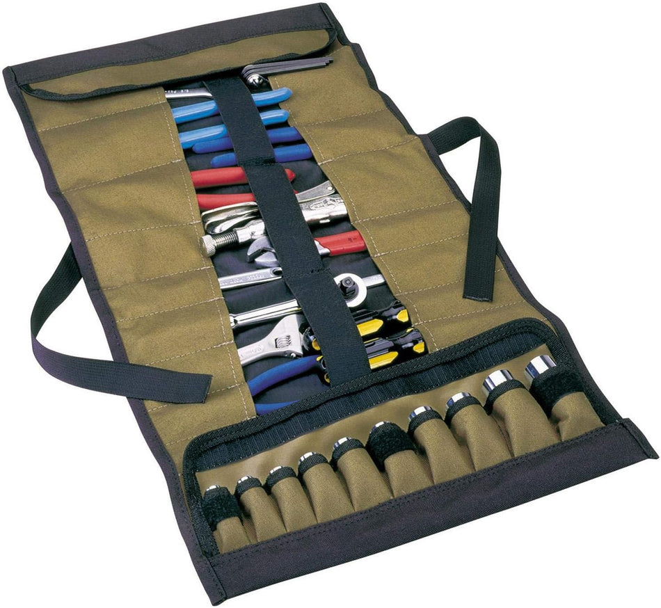 Clc Custom Leathercraft 1173 Socket Tool Roll Pouch with 32 pockets, heavy-duty strap, and carrying handle in brown.
