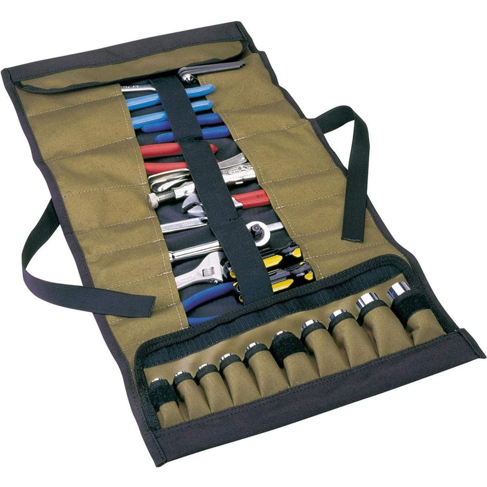 Clc Custom Leathercraft 1173 Socket Tool Roll Pouch with 32 pockets, heavy-duty strap, and carrying handle in brown.