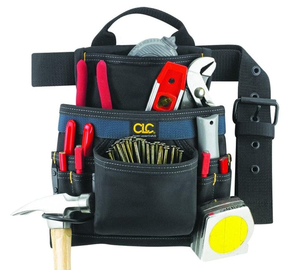 The CLC Custom Leathercraft 2823 tool bag shown filled with tools, including a hammer, tape measure, nails, pliers, a level, and screwdrivers.