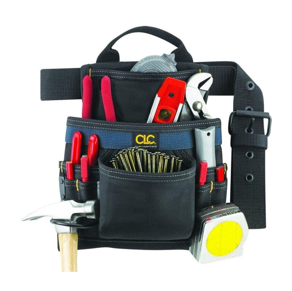 The CLC Custom Leathercraft 2823 tool bag shown filled with tools, including a hammer, tape measure, nails, pliers, a level, and screwdrivers.