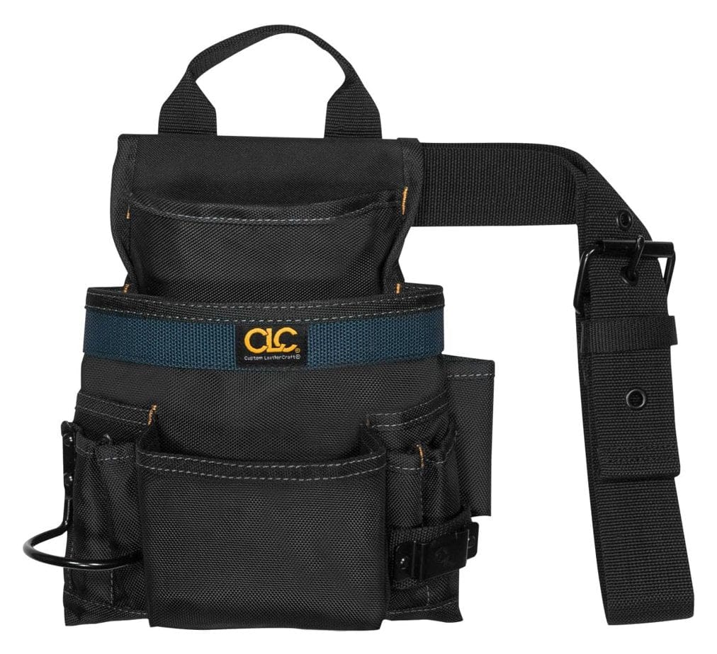 Front view of the empty CLC Custom Leathercraft 2823 10-pocket black tool bag with its adjustable web belt, carry handle, hammer loop, and tape clip.
