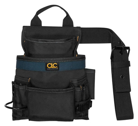 Front view of the empty CLC Custom Leathercraft 2823 10-pocket black tool bag with its adjustable web belt, carry handle, hammer loop, and tape clip.
