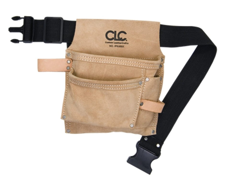 A professional studio product shot of the CLC IP489X 3-pocket tool bag made of tan suede leather, featuring an adjustable black poly web belt with a durable quick-release plastic buckle.