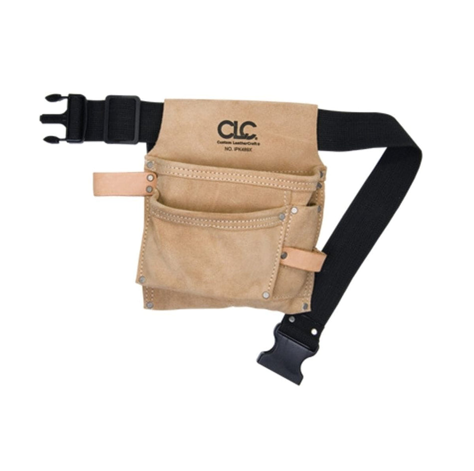 A professional studio product shot of the CLC IP489X 3-pocket tool bag made of tan suede leather, featuring an adjustable black poly web belt with a durable quick-release plastic buckle.