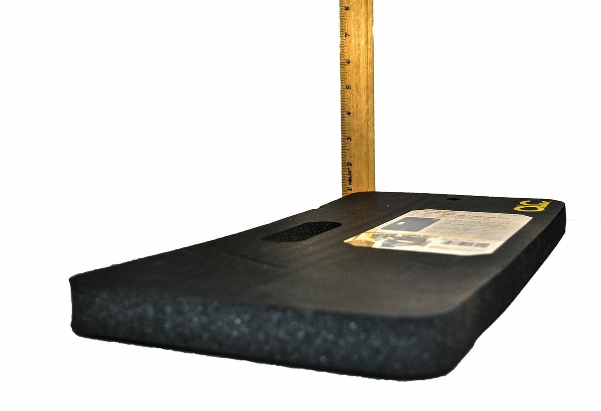 Angled view of the CLC kneeling pad with a ruler standing behind it, showing the 1-inch thickness of the foam mat.