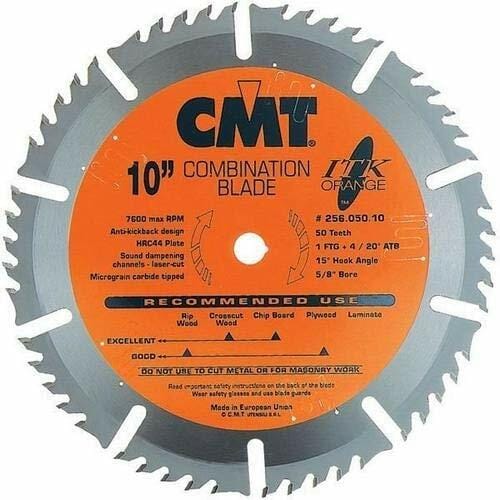 CMT 10-inch combination saw blade with 50 carbide-tipped teeth, labeled 1FTG+4ATB grind, anti-kickback design, sound dampening channels, and 5/8" bore.