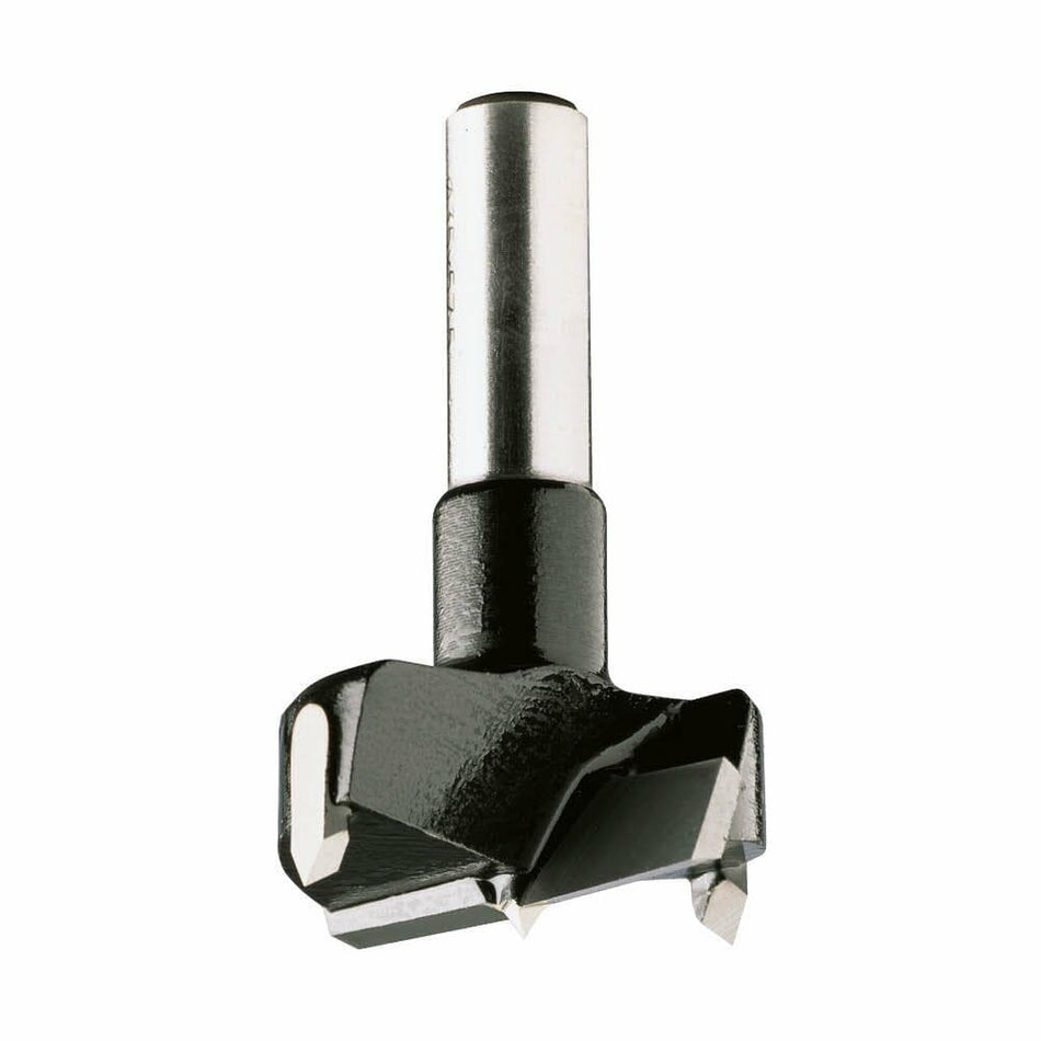 CMT 317.350.11 hinge boring bit with 35mm (1-3/8-inch) diameter and 10x26mm shank. The bit features a flat cutting head with sharp outer spurs and a central point for precise, clean boring in wood. Designed for right-hand rotation, this tool is ideal for cabinetry, furniture making, and hinge installation requiring flat-bottomed holes