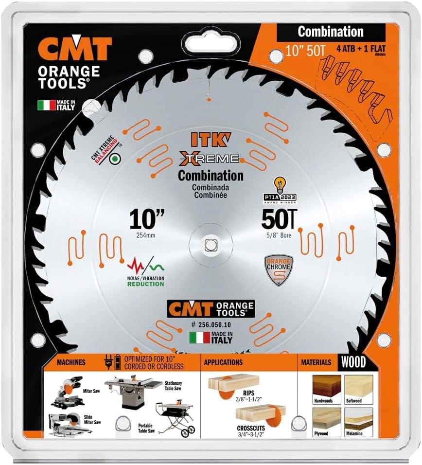 CMT 10-inch 50-tooth combination circular saw blade in retail packaging detailing 4 ATB plus 1 flat tooth grind specifications.