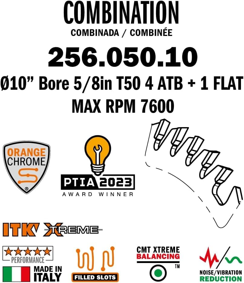 CMT 256.050.10 blade technical chart highlighting Orange Chrome coating, 4 ATB plus 1 flat raker teeth, and 7,600 maximum RPM.