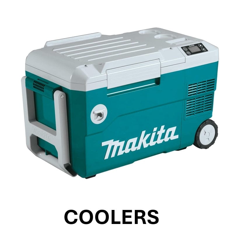 Makita cooler box on a white background with 'Coolers' text below.
