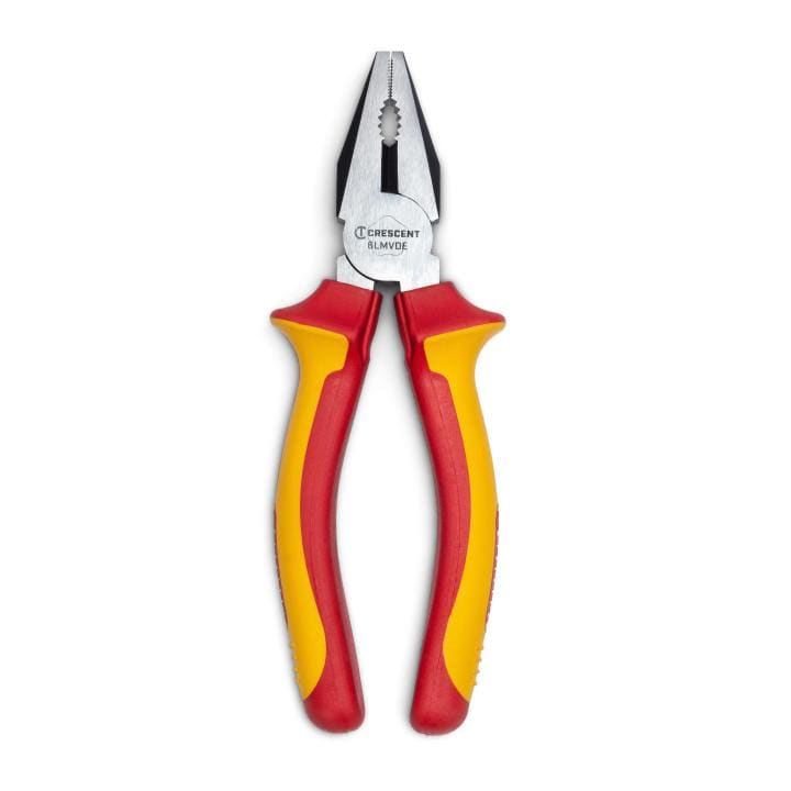 This is a product photograph of Crescent 8" VDE Insulated Lineman's Pliers laid flat against a white background.

The pliers feature silver jaws with serrated teeth, a black cutting blade, and red and yellow insulated handles. The "Crescent" logo and model number are visible on the tool's head. The shot is taken directly from above, showcasing the tool's design and features.