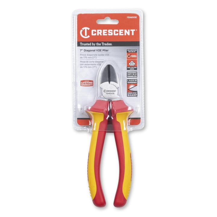 Crescent 7" VDE Insulated Diagonal Cutting Pliers - 7DIAGVDE. This is a product image of a pair of Crescent-branded diagonal cutting pliers packaged in clear plastic. The pliers have red and yellow handles with a silver metal cutting head, and the packaging features the Crescent logo and text in English, Spanish, and French. The packaging also highlights features like "1000V" insulation, "Anti-Slip Handles," and "Laser Hardened" cutting edges.