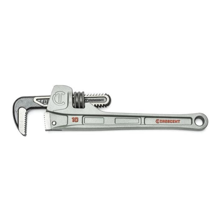 The image shows a 10-inch long wrench. It is made of a lightweight metal, likely aluminum.  It has black jaws with teeth for gripping pipes. A knob adjusts the jaw opening, and it has a slim design for tight spaces.