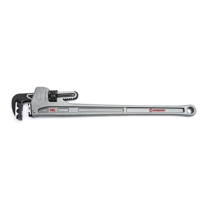 The image shows a 14-inch long silver wrench with black jaws that have teeth for gripping pipes. The jaws can be adjusted with a knob.