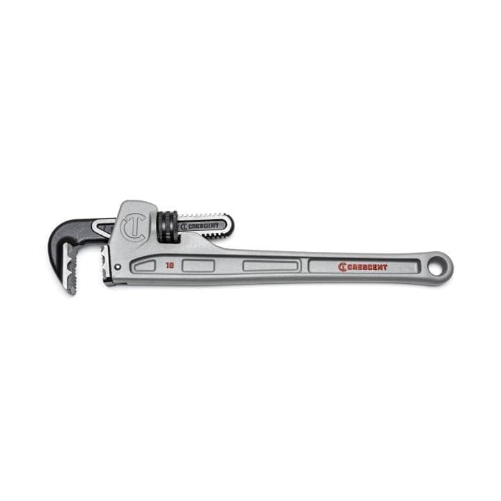 Image of Crescent 18" Aluminum K9 Jaw Pipe Wrench. The image shows a long, metal tool with a curved, toothed jaw at one end and a handle with a hole at the other. It appears to be a wrench, featuring the brand name "Crescent" on its handle.