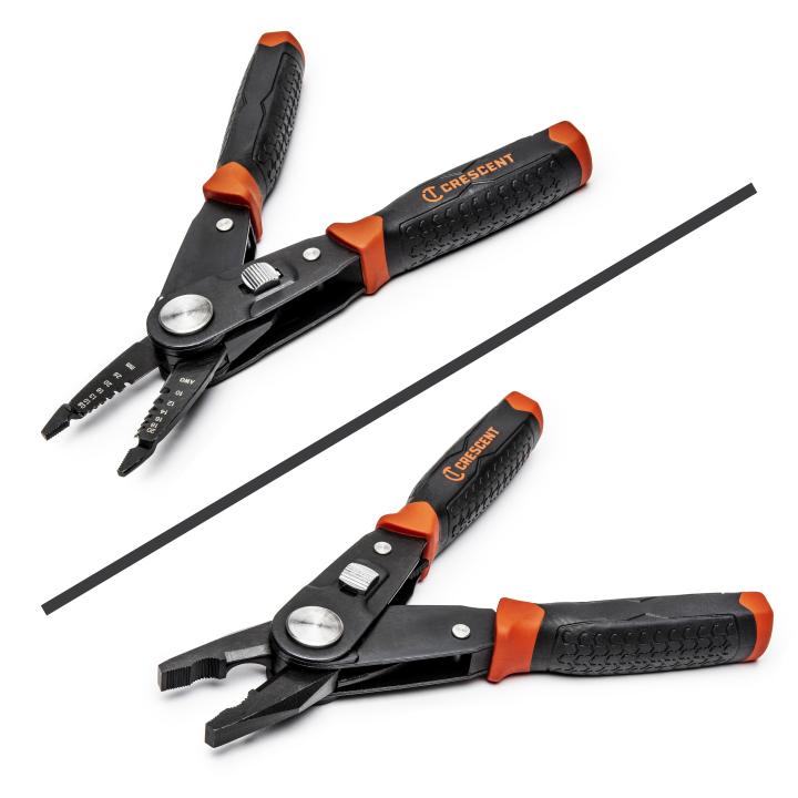 Imagine feeling two identical tools with textured, black handles accented with orange, each with metal jaws that have different sized notches for gripping wires.  A thin, smooth wire runs diagonally between them on a flat surface.


