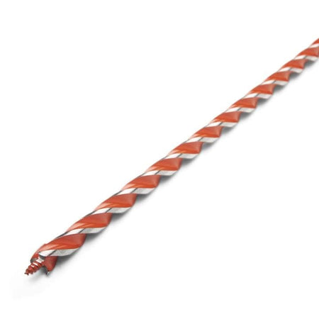 Crescent 3/8" x 13" Solid Auger Drill Bit close up of bit head. This is a close-up, angled shot of a long, thin drill bit against a white background. The bit has a bright orange, spiral cutting edge that runs almost its entire length, and the end of the bit shows the sharpened tip.
