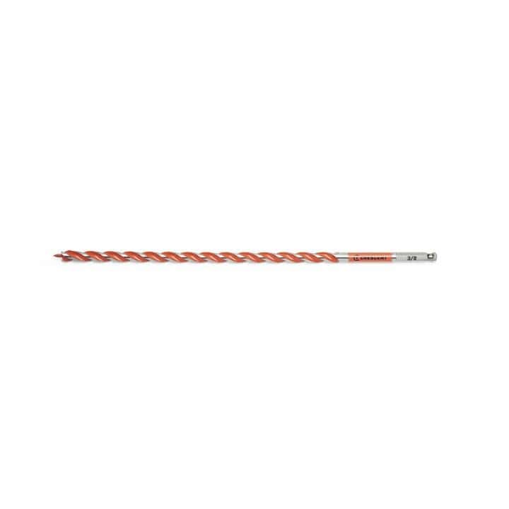 Crescent 3/8" x 13" Solid Auger Drill Bit single bit. This is a straight-on, eye-level shot of a long, thin drill bit against a white background. The bit has a bright orange, spiral cutting edge that runs almost its entire length, and a silver end piece where the size, 3/8, is printed.