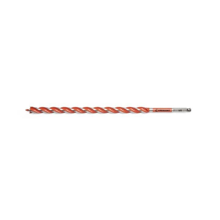 Crescent 1/2" x 13" Solid Auger Drill Bit single bit. This is a straight-on, eye-level shot of a long, thin drill bit against a white background. The bit has a bright orange, spiral cutting edge that runs almost its entire length, and a silver end piece where the size, 1/2, is printed.