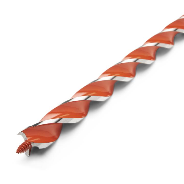 Crescent 3/4" x 13" Solid Auger Drill Bit close up of bit head. This is a close-up, angled shot of a long, thin drill bit against a white background. The bit has a bright orange, spiral cutting edge that runs almost its entire length, and the end of the bit shows the sharpened tip.