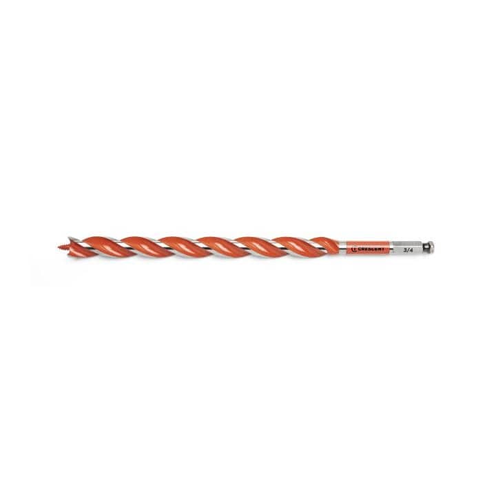 Crescent 3/4" x 13" Solid Auger Drill Bit single bit. This is a straight-on, eye-level shot of a long, thin drill bit against a white background. The bit has a bright orange, spiral cutting edge that runs almost its entire length, and a silver end piece where the size, 3/4, is printed.