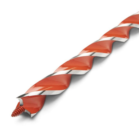 Crescent 7/8" x 13" Solid Auger Drill Bit close up of auger head. This is a close-up, angled shot of a long, thin drill bit against a white background. The bit has a bright orange, spiral cutting edge that runs almost its entire length, and the end of the bit shows the sharpened tip.