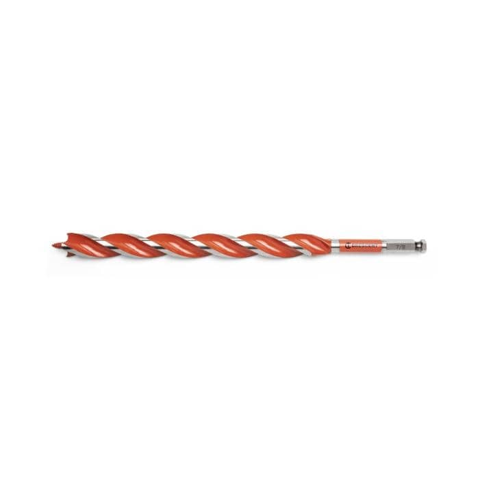 Image of Crescent 7/8" x 13" Solid Auger Drill Bit. This is a straight-on, eye-level shot of a long, thin drill bit against a white background. The bit has a bright orange, spiral cutting edge that runs almost its entire length, and a silver end piece where the size, 7/8, is printed.