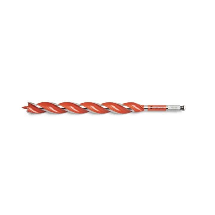 Crescent 15/16" x 13" Solid Auger Drill Bit single bit. This is a straight-on, eye-level shot of a long, thin drill bit against a white background. The bit has a bright orange, spiral cutting edge that runs almost its entire length, and a silver end piece where the size, 15/16, is printed.